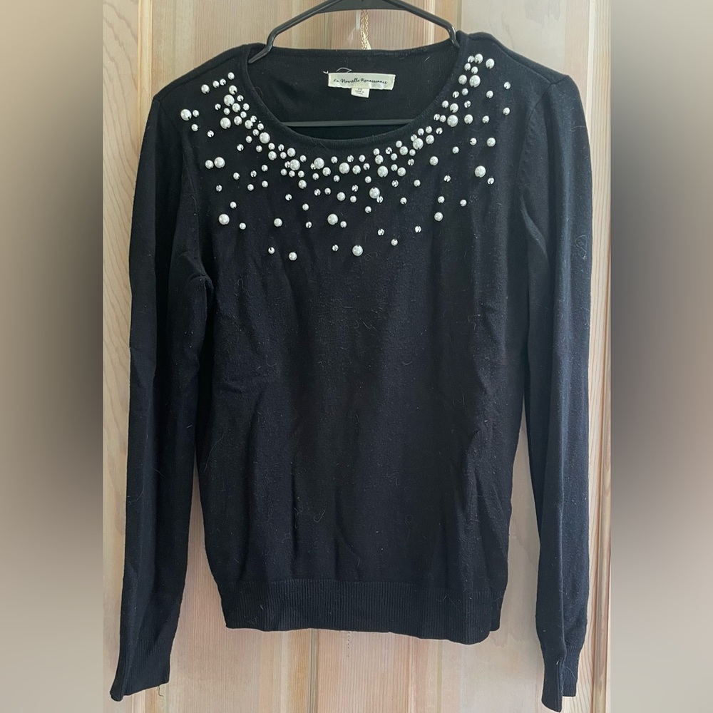 Black Sweater with Pearl Embellishments